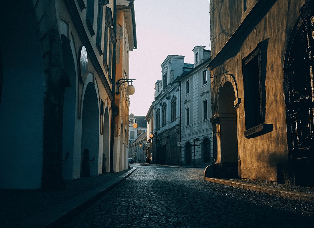 Quiet city street at dusk